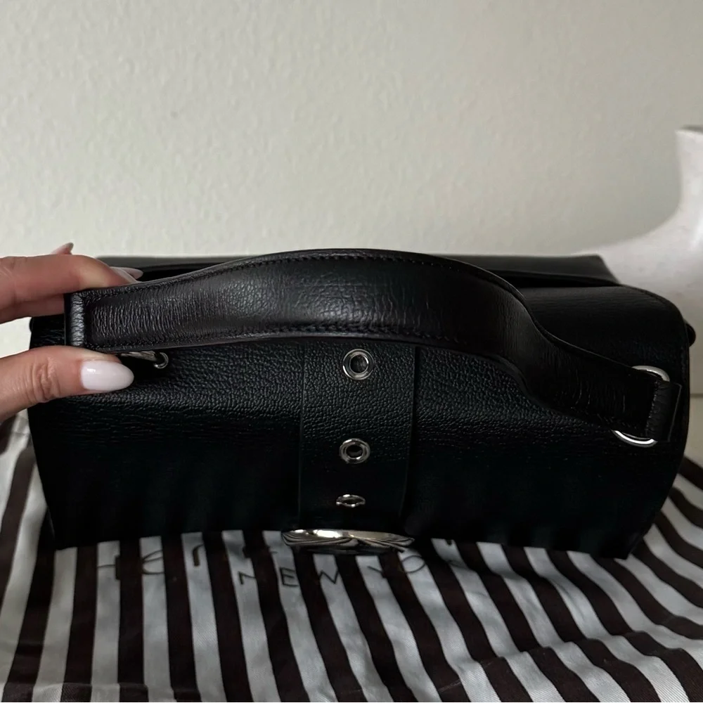 Henri Bendel Black Riverside Leather Handbag Satchel Silver Buckle - Picture 10 of 12